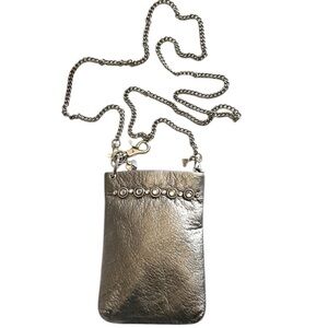 Metallic Pewter Leather Phone Pouch with Crossbody Chain Strap